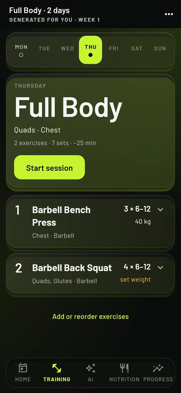 The FITOS Training tab: the day's session with its exercises